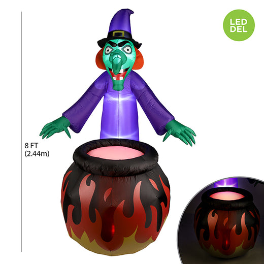 Sorcière gonflable à DEL éclairée avec chaudron et projecteur à effet flamme