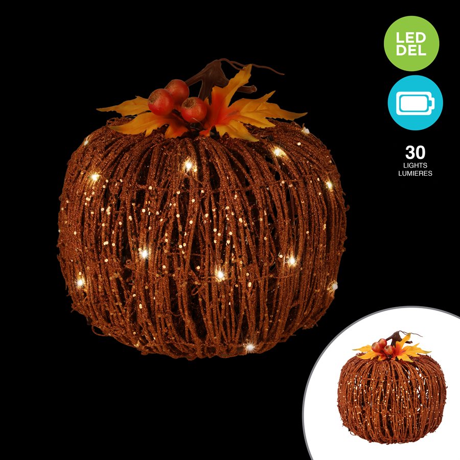 Citrouille en rotin lumineuse orange