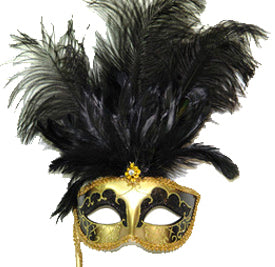 Masque vénitien plume avec bâton noir/or