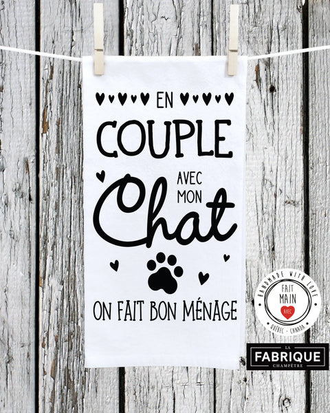 Linge à vaisselle "En couple avec mon chat on fait bon ménage!"