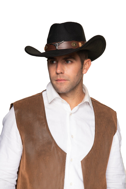 Chapeau de cow-boy avec cornes de taureau et bande en simili cuir