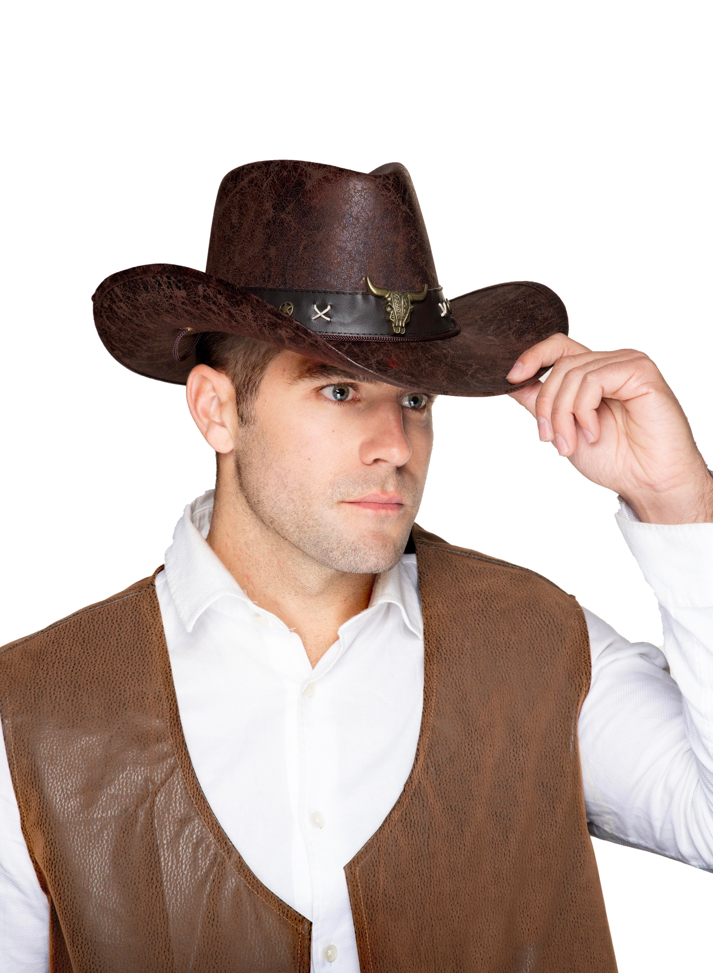Chapeau de cow-boy simili cuir avec tête de taureau et bande en simili cuir
