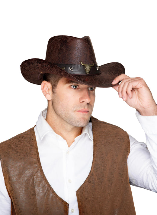 Chapeau de cow-boy simili cuir avec tête de taureau et bande en simili cuir