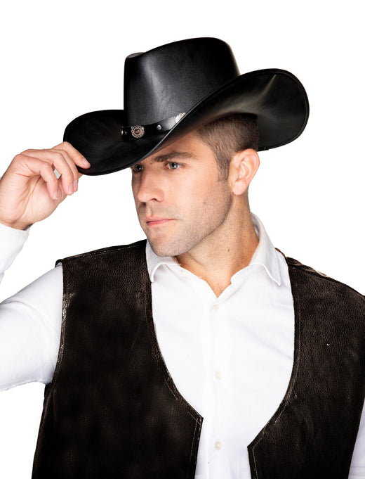 Chapeau cowboy imitation cuir noir conchos argent
