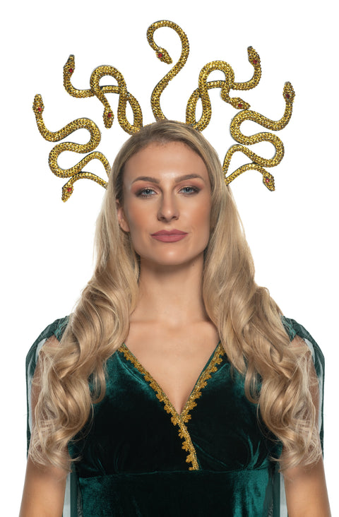 Coiffe Méduse dorée avec strass et serpents