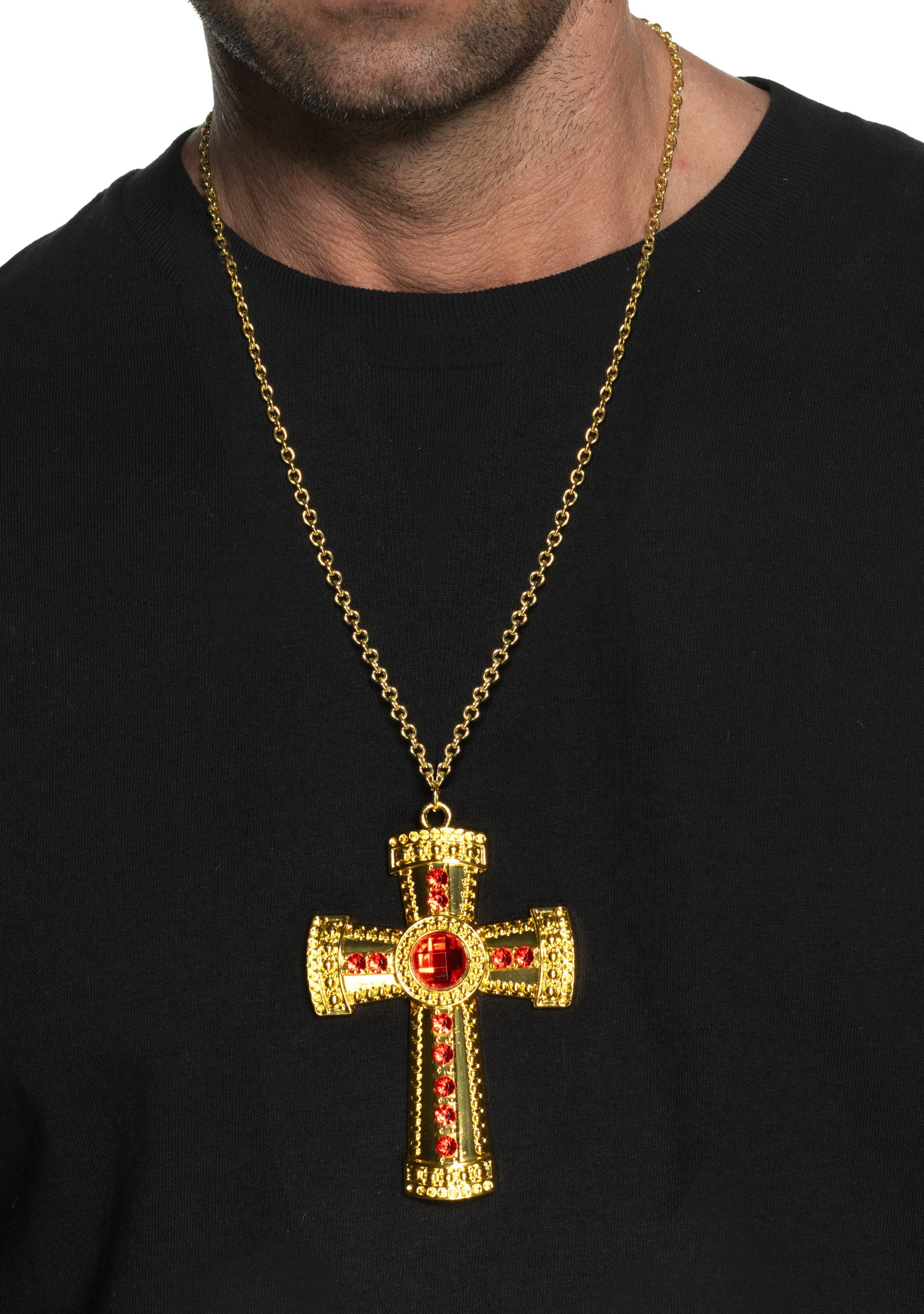 Croix dorée avec pierres rouges