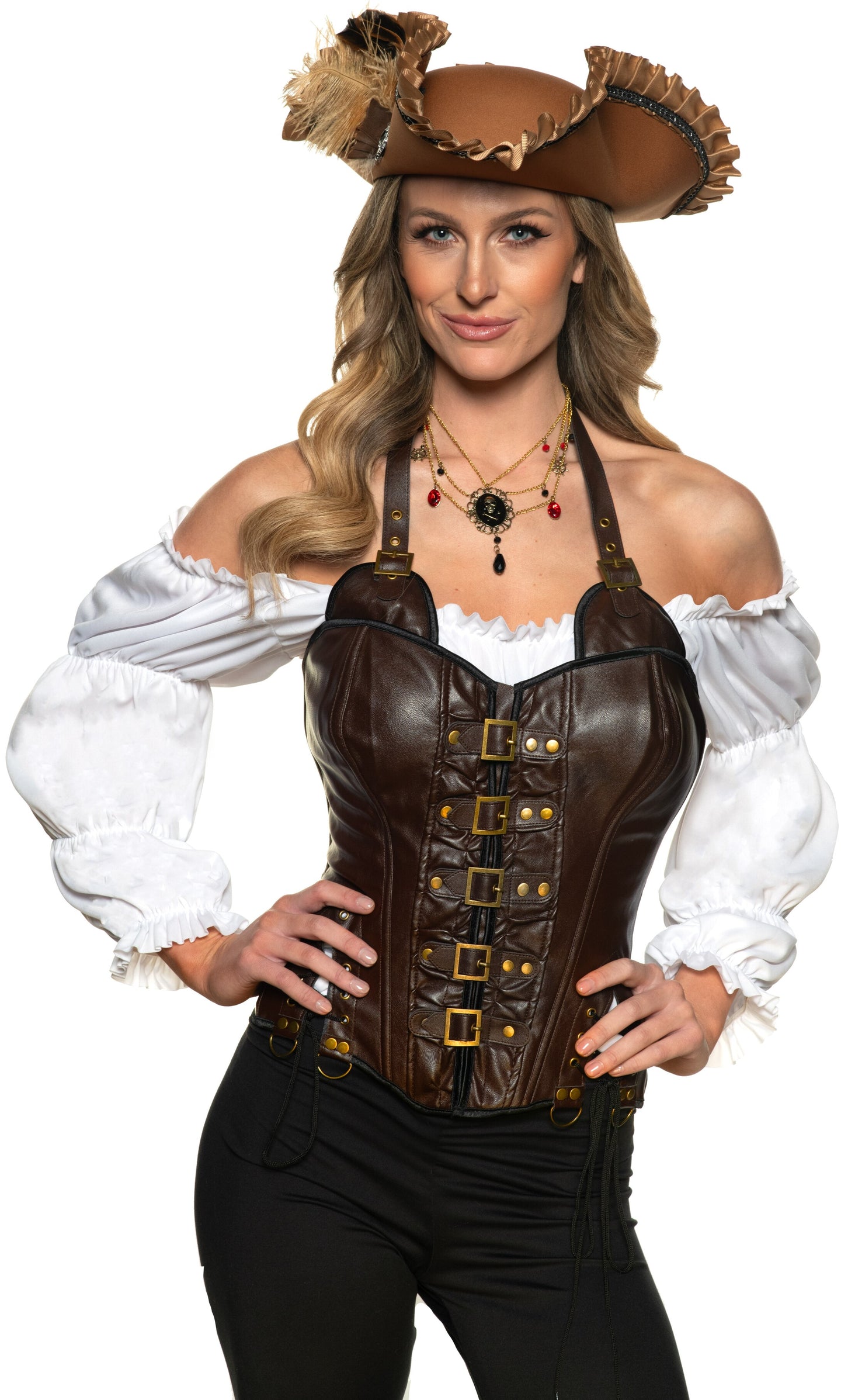 Corset vinyle col halter avec boucles métal - Brun
