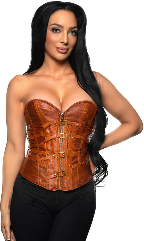 Corset avec sangles cloutées et fermeture éclair - Brun
