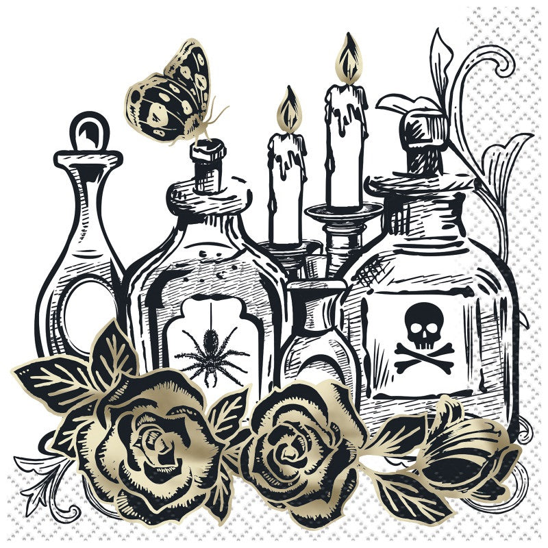 Serviettes à cocktail Sketchy Skull - estampage métallique (16/pqt)