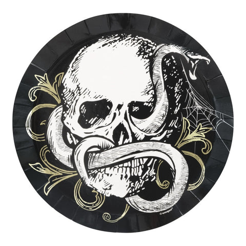 Assiettes à dessert rondes peu profondes Sketchy Skull - estampage métallique (8/pqt)
