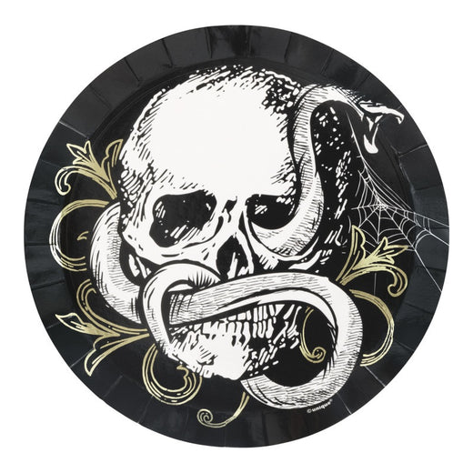 Sketchy Skull Shallow Round Dessert Plates – Metallic Foil Stamping (8/pkg)
