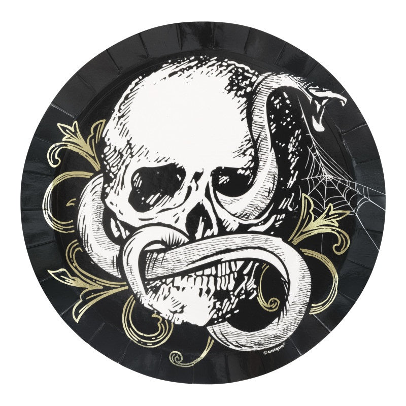 Sketchy Skull Shallow Round Dessert Plates – Metallic Foil Stamping (8/pkg)