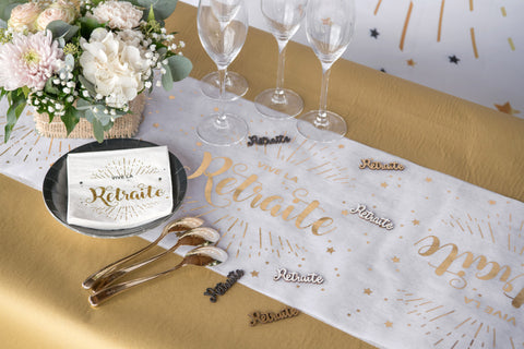 Long live retirement metallic table runner