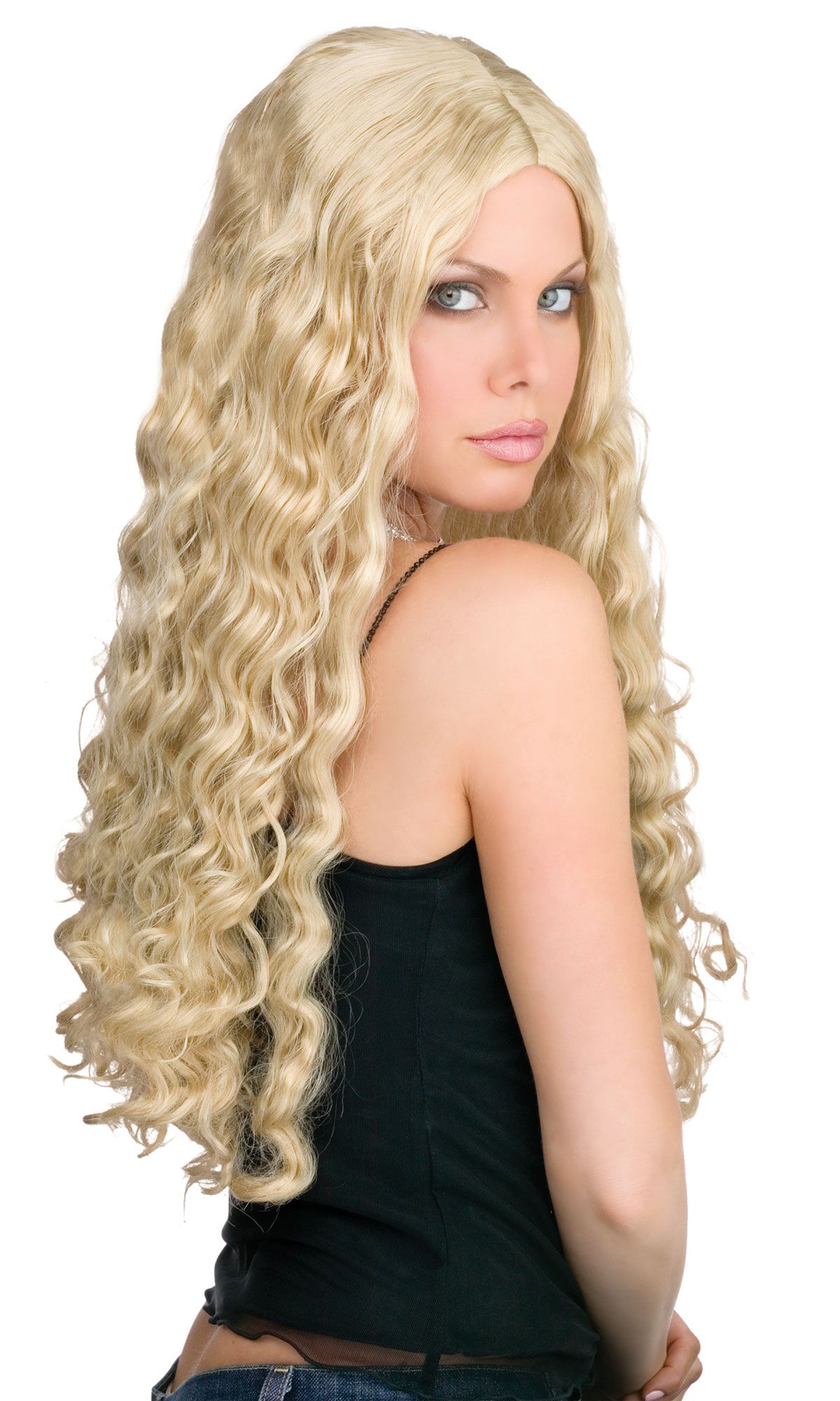 Perruque de cheveux blond bouclé long
