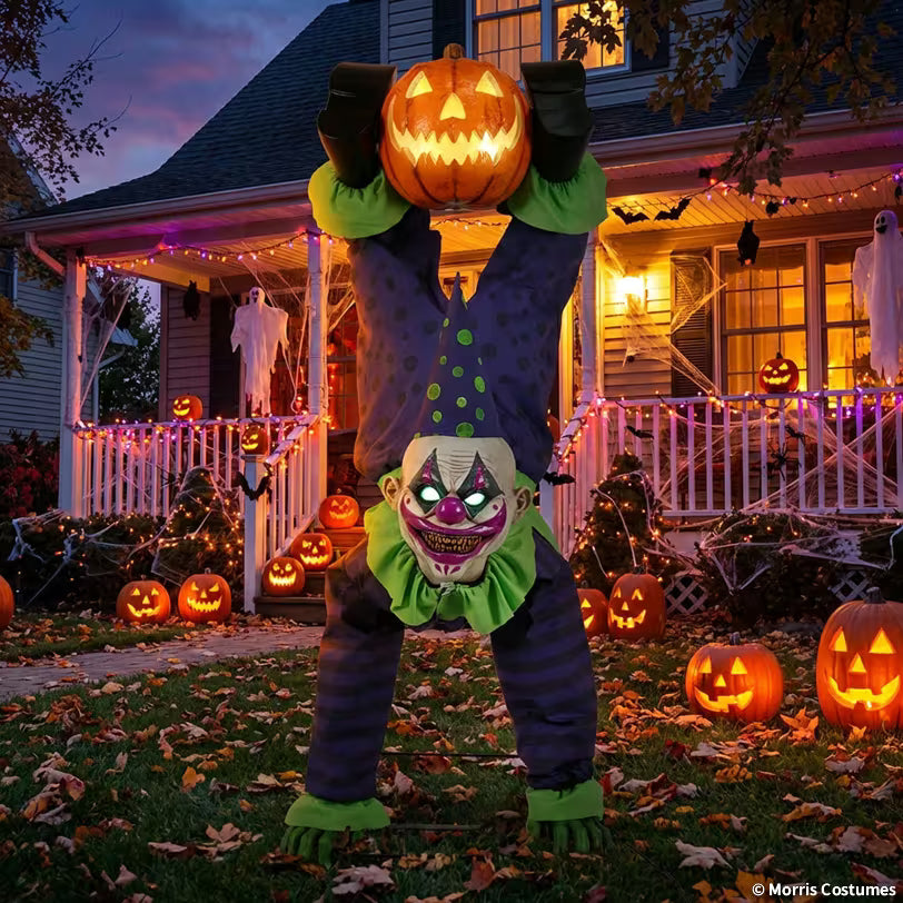 Animated Light-Up Upside-Down Clown with Jack-O'-Lantern Halloween Decoration - 5 ft