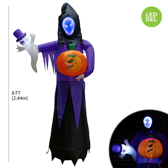 LED light-up inflatable grim reaper with pumpkin and ghost