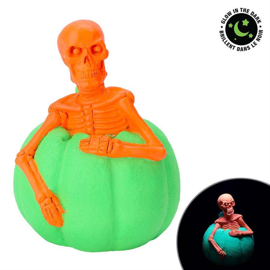 Squelette avec citrouille finition fluorescente (format compact)