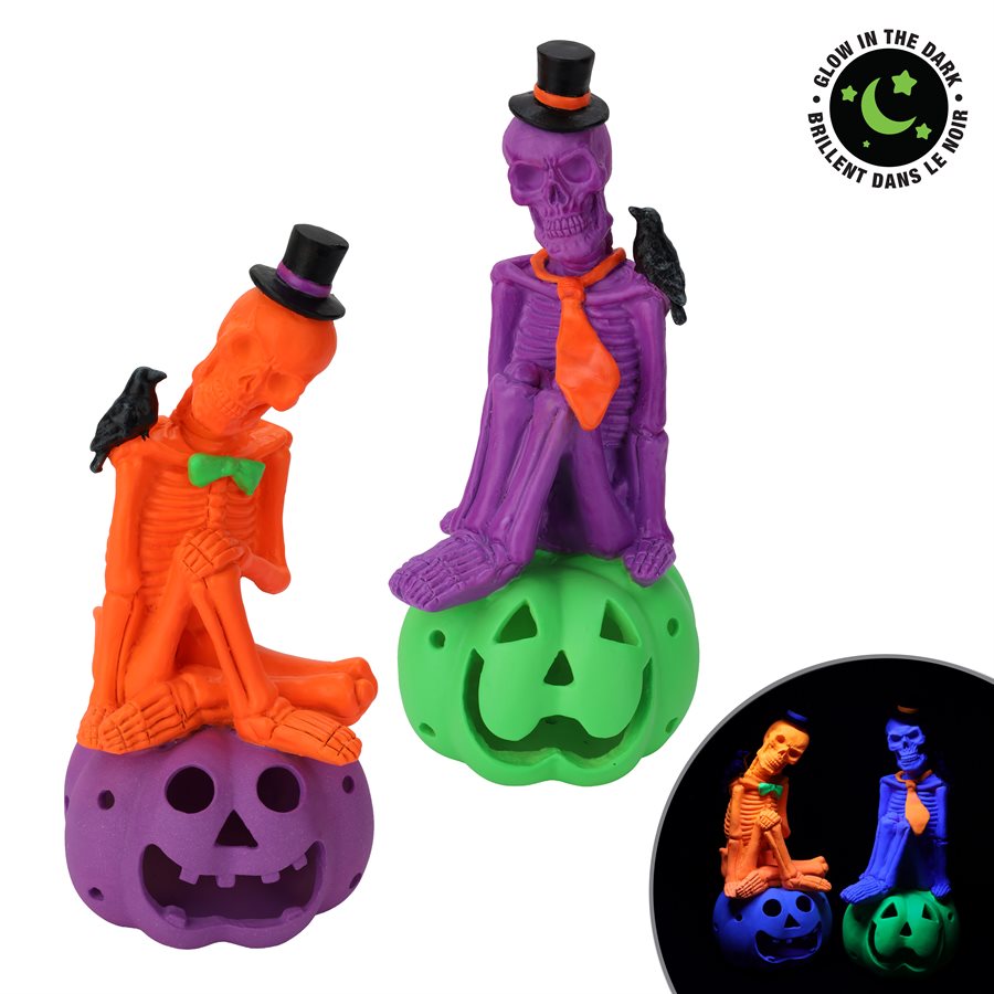 Squelette avec citrouille finition fluorescente