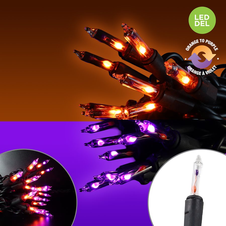 Outdoor LED string lights with orange and purple glass bulbs