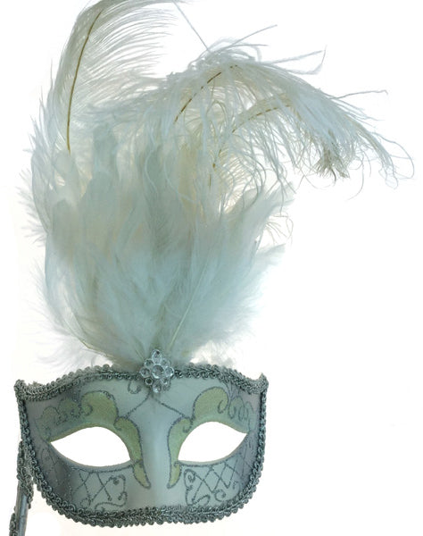 Masque vénitien plume avec bâton blanc/argent