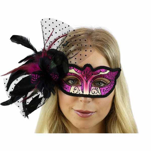 Masque bal masqué plume rose vif