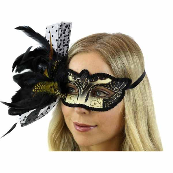 Masque bal masqué plume noir et or