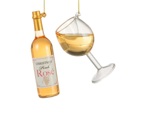 S/2 4"/5" ROSE WINE BOTTLE/GLASS ORN