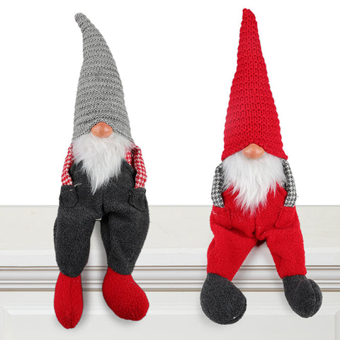 FABRIC SITTING GNOME SANTA WITH OVERALLS & KNIT HAT 40CM  RED/GREY