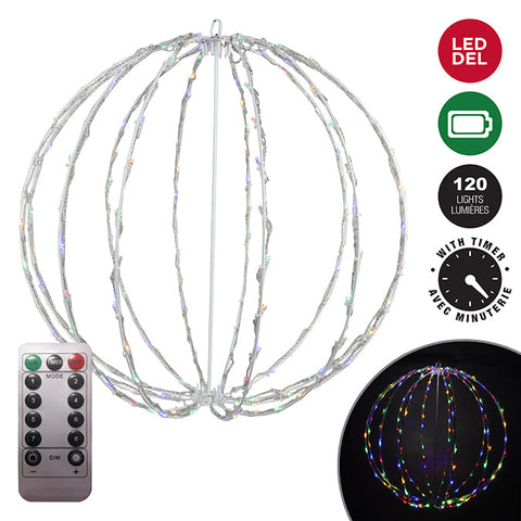 LIGHT UP FOLDABLE METAL BALL SCULPTURE,120L BATTERY OPERATED LED,REMOTE CONTROL & HANGING CHAIN,50CM