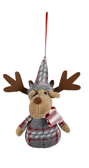 Moose hanging fabric with Christmas hat 17cm, 2 assortments red/grey/white