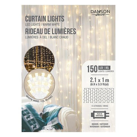 2.1M X 1.0M CURTAIN LIGHTS, 150 5MM LED LIGHTS, INDOOR/OUTDOOR, WHITE WIRE, WARM WHITE