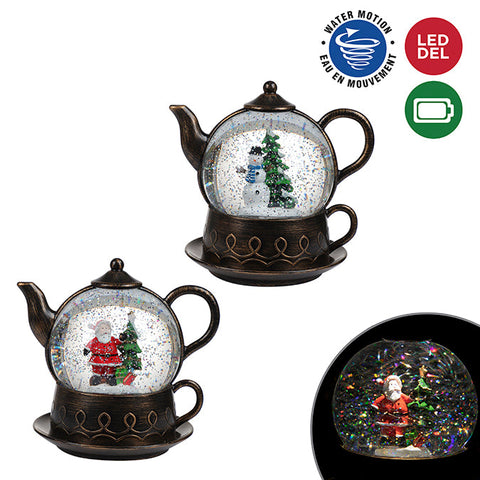 WATER GLOBE TEA POT WITH LIGHT-UP CHRISTMAS SCENE,BRONZE, B/O, 18CM H