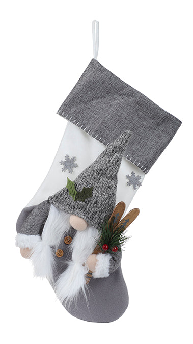 Bas de Noël en tissu, design gnome père noël, gris/blanc (52cm)