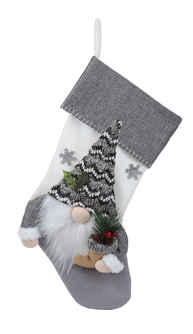 Bas de Noël en tissu, design gnome père noël, gris/blanc (52cm)