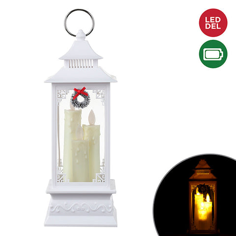 LIGHT-UP WHITE ACRYLIC LANTERN WITH 3 CANDLES, WARM WHITE, B/O, 29.5CM