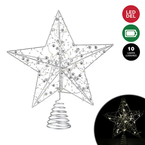 30CM LIGHT-UP GLITTERED WIRE STAR TREE TOP WITH BEADS, 10 WARM WHITE B/O LED LIGHTS