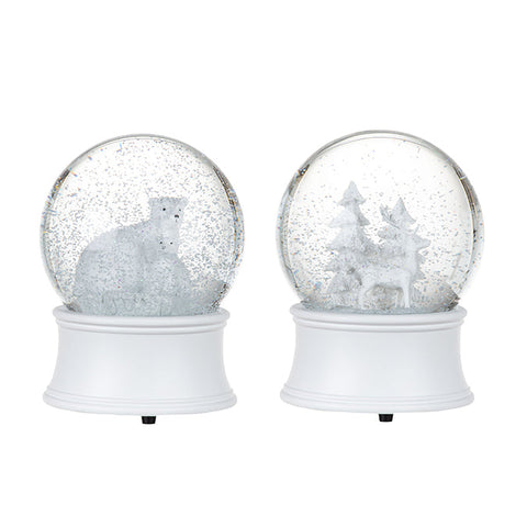 120MM GLASS WIND-UP MUSICAL WATER GLOBE ON WHITE POLYRESIN BASE, , BEARS, DEER WITH TREES