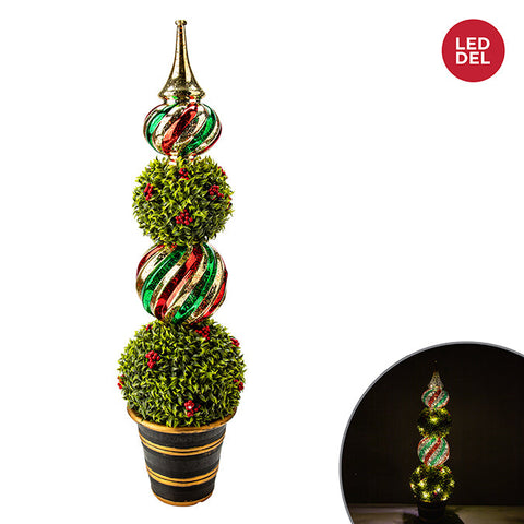 71CM 50L PRELIT POTTED GREEN TOPIARY PORCH TREE WITH BERRIES & SWIRL BALL ORNAMENTS