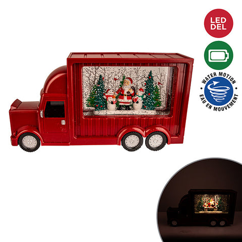 WATER GLOBE LIGHT-UP TRUCK WITH WINTER SANTA SCENE, B/O, 32X17CM, RED