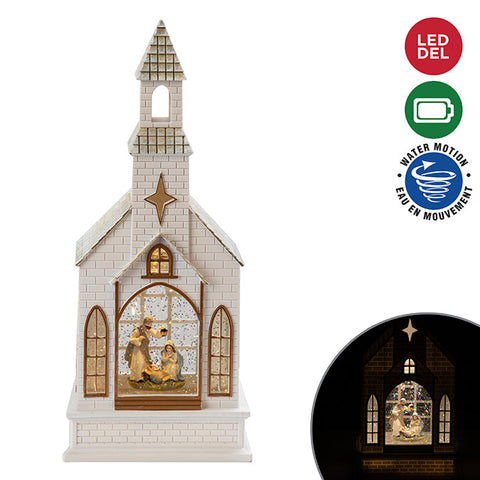 WATER GLOBE WHITE CHURCH, LIGHT UP WITH NATIVITY SCENE, BATTERY OPERATED, WARM WHITE 30CM