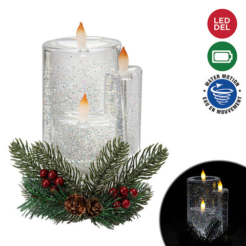 ACRYLIC WATER FILLED LIGHT UP BATTERY OPERATED GLITTERED CANDLE TRIO, 17x21.5CM,CLEAR