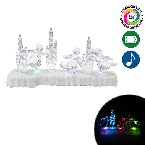 31x15CM BATTERY OPERATED LED COLOR CHANGING & MUSICAL ACRYLIC PENGUINS WITH ICEBERGS