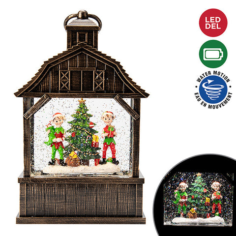 WATER GLOBE BARN/ELF DESIGN, BATTERY OPERATED TRY-ME, SWIRLING GLITTER WATER & WW LED, BRONZE,27CM