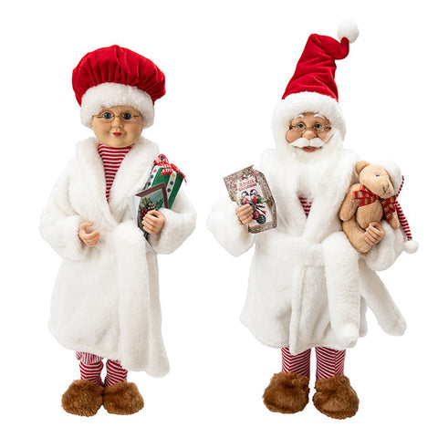 FABRIC STANDING FIGURE IN WHITE BATHROBE & BROWN FUR SLIPPERS 45CM, : MR. & MRS. CLAUS