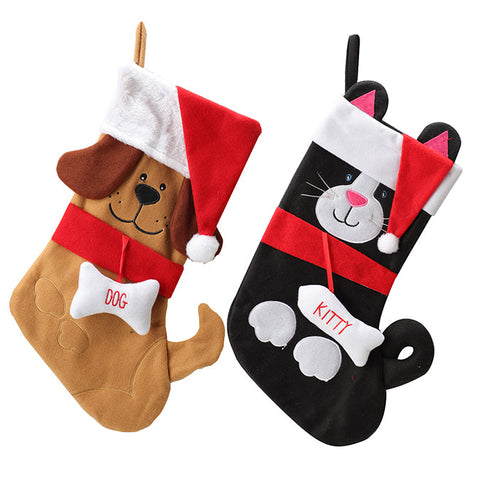 FABRIC ANIMAL DESIGN STOCKING, 48CM : BLACK/WHITE CAT, BROWN DOG