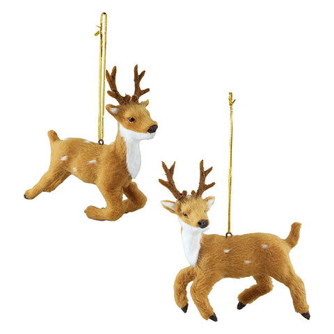 FURRY FAUX FUR REINDEER HANGING ORNAMENT 11CM, BROWN/WHITE,