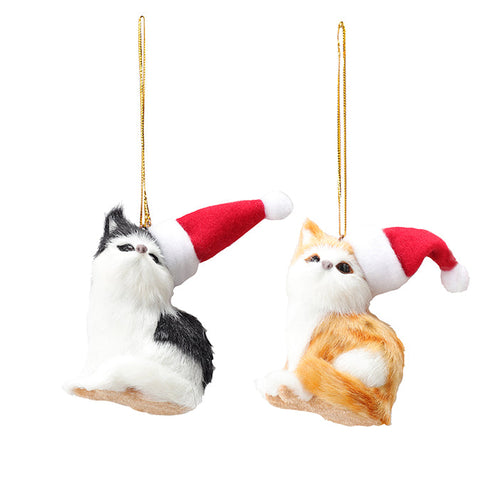 FOAM FURRY CAT WITH SANTA HAT HANGING ORNAMENT 7CM, : YELLOW/WHITE, BLACK/WHITE