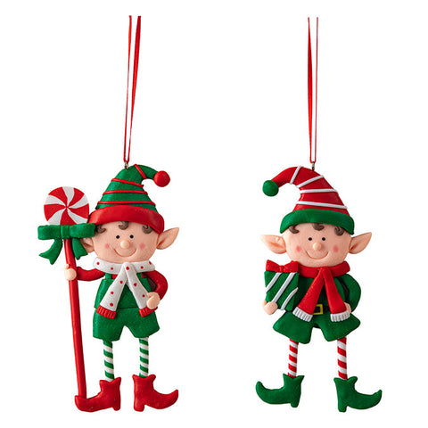 CLAY HANGING ORNAMENT,  PAINTED ELF DESIGNS 12.5CM, RED/GREEN