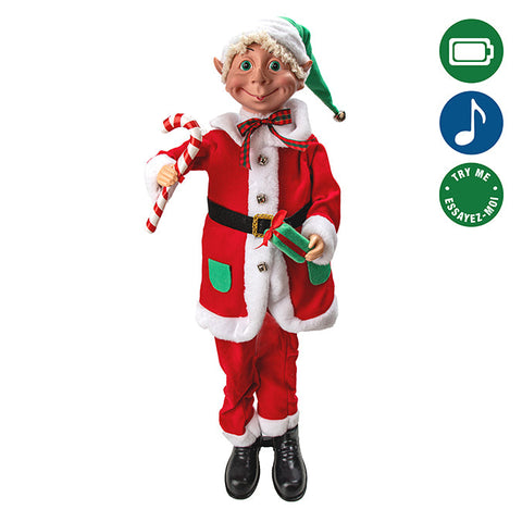 1.13M BATTERY OPERATED MUSICAL STANDING BOY ELF HOLDING CANDY CANE & GIFT, TRY-ME