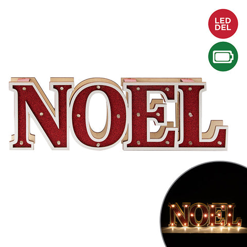 LIGHT UP WOOD NOEL SIGN TABLE TOP, LED B/O LIGHT, 35X11CM RED/WHITE